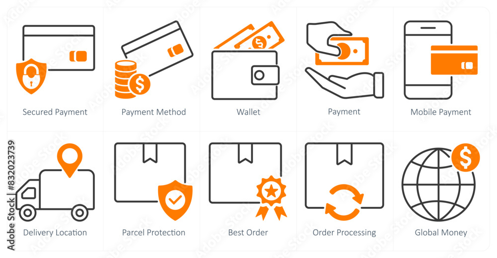 A set of 10 shopping icons as secured payment, payment method, wallet A set of 10 shopping icons as secured payment, payment method, wallet