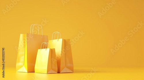 Three yellow shopping bags of different sizes on a bright yellow background. Ideal for concepts about retail, shopping, or consumerism. photo