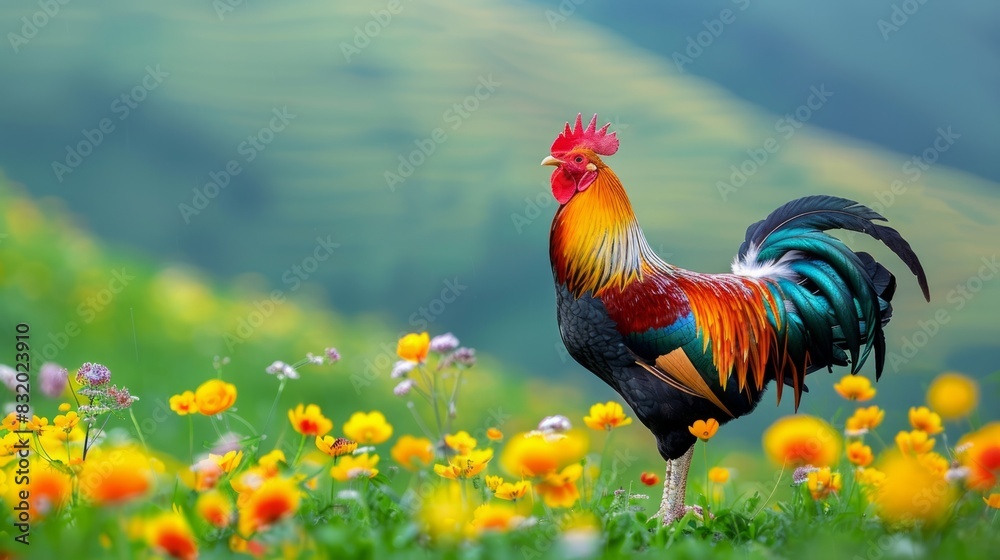 Colorful rooster crowing on the meadow with yellow flowers, green background