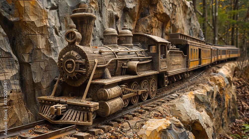 Vintage steam train traveling through rocky terrain surrounded by forest