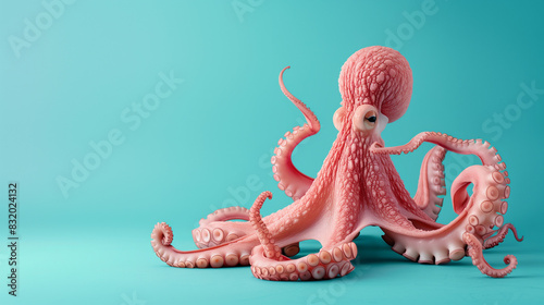 Pink octopus on blue studio background 
