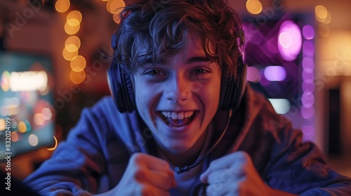 A jubilant young gamer with headphones cheers in front of a computer, bathed in vibrant gaming lights