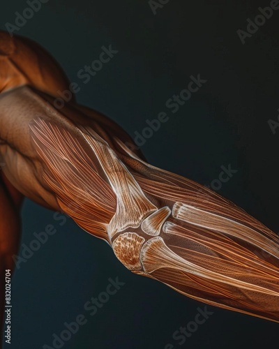 Close-up of a muscular arm with artistic anatomical illustration highlighting muscles and joints, showing the inner structure.