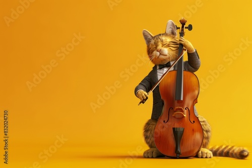 A cat dressed in a suit and tie is playing a cello