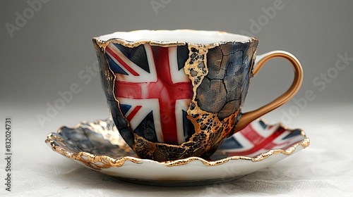 Close-up of an ornate teacup with a British flag design, set on a matching saucer. The intricate patterns and textures create a unique look.