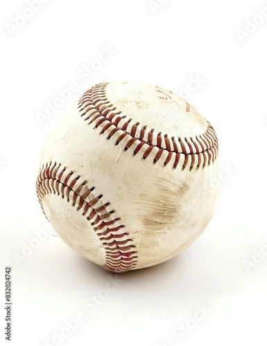 Close-up view of a worn baseball with red stitching, isolated on a white background, showcasing the texture and details of the ball.