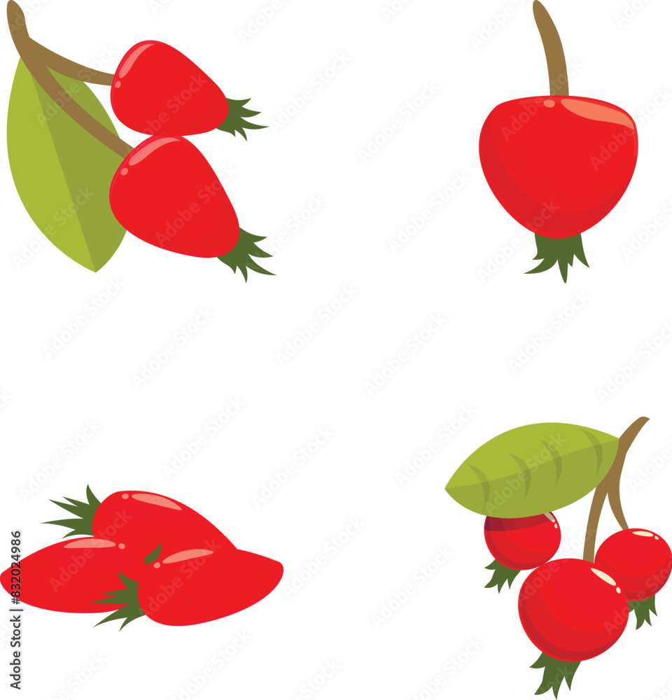 Colorful cartoon rose hips set with vibrant red berries and foliage, isolated on white background Colorful cartoon rose hips set with vibrant red berries and foliage, isolated on white background