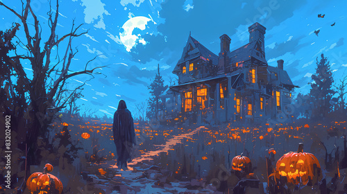 Mysterious Figure Approaching a Haunted House with Jack-o'-Lanterns photo