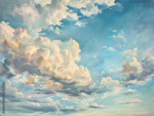 Romantic nature scene with a horizontal view of a fluffy cloudscape against a serene sky, devoid of people photo