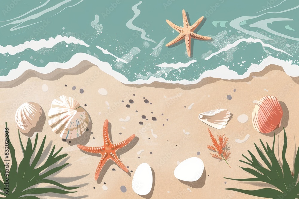 Shell collecting at the beach depicted in a flat design animation, seen ...