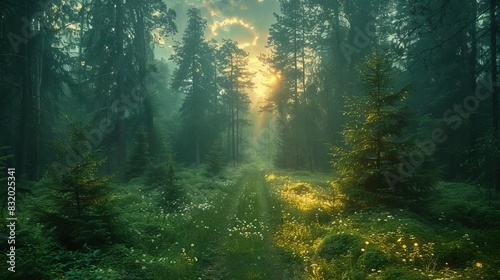 Misty forest with sun rays breaking through trees  creating a serene and magical atmosphere with lush greenery and blooming wildflowers.