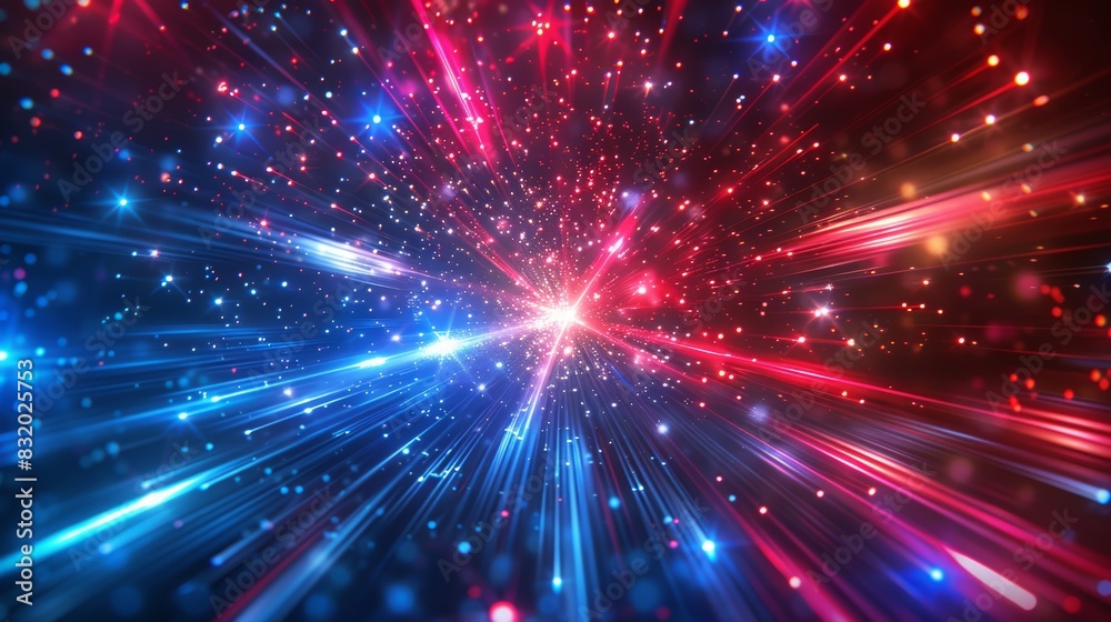 Naklejka premium Vivid red and blue light beams creating a dynamic starburst pattern, resembling a cosmic explosion with sparkling particles in space.
