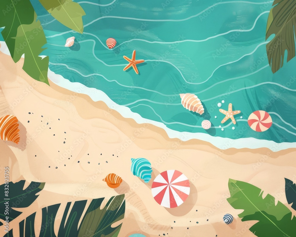 Top view animation of a beach scene, featuring summer activities like shell collecting in a flat design style, perfect for a discovery-themed visual Top view animation of a beach scene, featuring summer activities like shell collecting in a flat design style, perfect for a discovery-themed visual