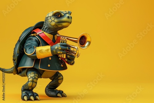 A turtle is holding a trombone and wearing a shirt photo