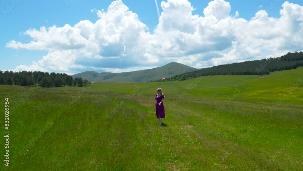 Beautiful white woman in a purple dress walking through a green field under a blue sky with white clouds. Behind are rolling hills, a line of trees, and a distant house Beautiful white woman in a purple dress walking through a green field under a blue sky with white clouds. Behind are rolling hills, a line of trees, and a distant house