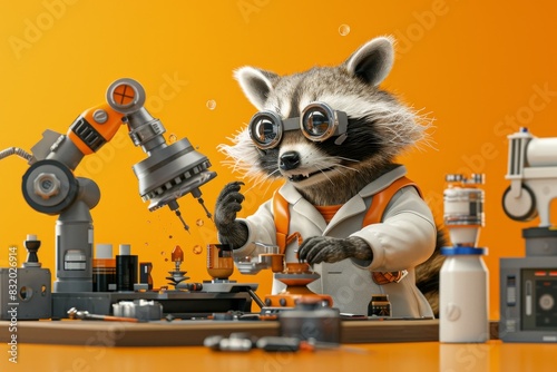 A raccoon is wearing sunglasses and working on a robot photo