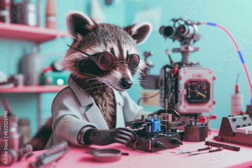 A raccoon is wearing sunglasses and working on a robot photo