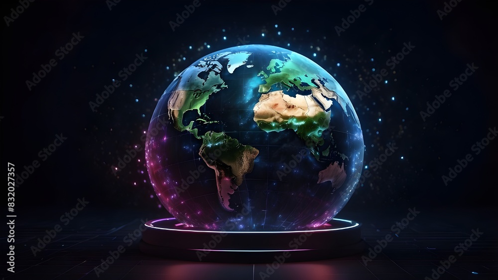 Earth globular, consisting of luminous spots against a dark backdrop. An Earth Day conceptual artwork. 3D sci-fi dashboard featuring a holographic globe interface. Technical computer holographic globe