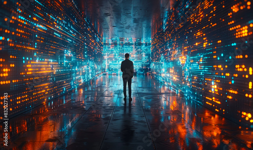 Businessman in illuminated digital data tunnel managing information flow at night futuristic concept