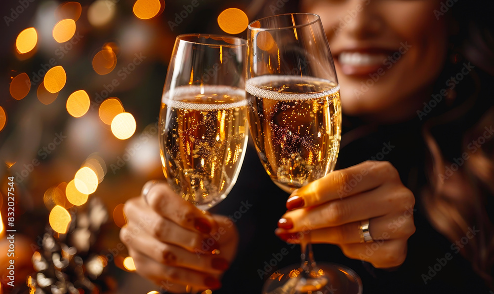Celebratory New Year's Eve Party with Clinking Champagne Glasses, Festive Mood and Sparkling Lights Celebratory New Year's Eve Party with Clinking Champagne Glasses, Festive Mood and Sparkling Lights