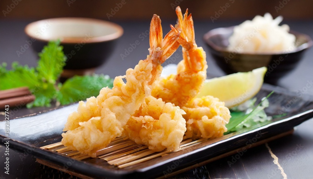 Fried Shrimp - Japanese Tempura presented in a Tasteful Way - Battered Gamba Deep Fried - Juicy Delicious Japanese Cuisine - Asian Food Fried Shrimp - Japanese Tempura presented in a Tasteful Way - Battered Gamba Deep Fried - Juicy Delicious Japanese Cuisine - Asian Food