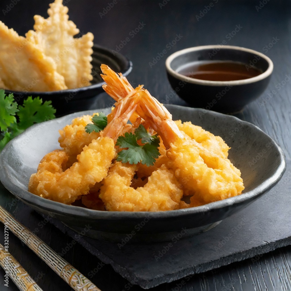 Fried Shrimp - Japanese Tempura presented in a Tasteful Way - Battered Gamba Deep Fried - Juicy Delicious Japanese Cuisine - Asian Food Fried Shrimp - Japanese Tempura presented in a Tasteful Way - Battered Gamba Deep Fried - Juicy Delicious Japanese Cuisine - Asian Food