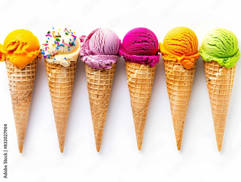 A delightful assortment of colorful ice cream cones in various flavors, arranged in a row against a white background.