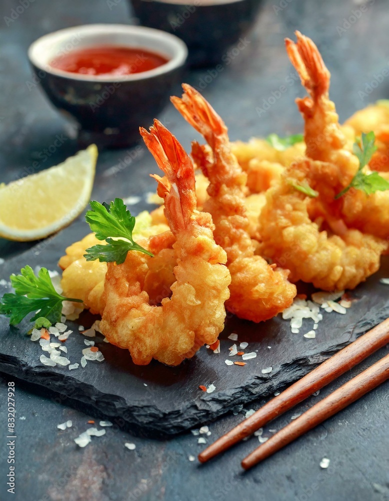 Fried Shrimp - Japanese Tempura presented in a Tasteful Way - Battered Gamba Deep Fried - Juicy Delicious Japanese Cuisine - Asian Food Fried Shrimp - Japanese Tempura presented in a Tasteful Way - Battered Gamba Deep Fried - Juicy Delicious Japanese Cuisine - Asian Food