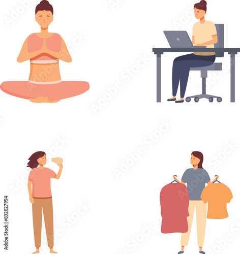 Vector illustrations of a person meditating, working, drinking coffee, and choosing clothes