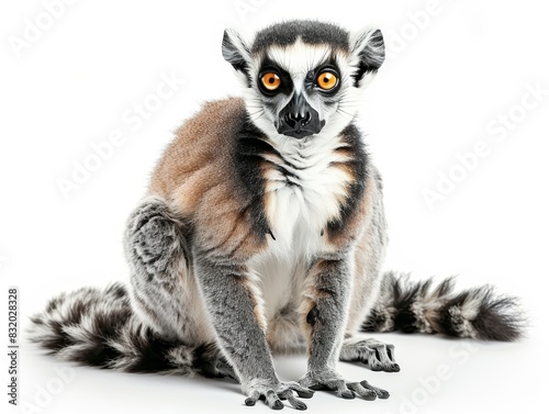 A close-up shot of a ring-tailed lemur with striking eyes, sitting on white background, showcasing its distinctive fur and tail. © Ndoomyim