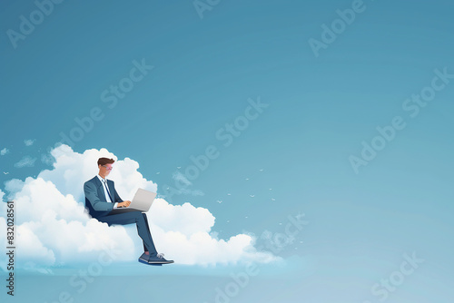 Illustration of a businessman working with laptop sitting on the cloud 