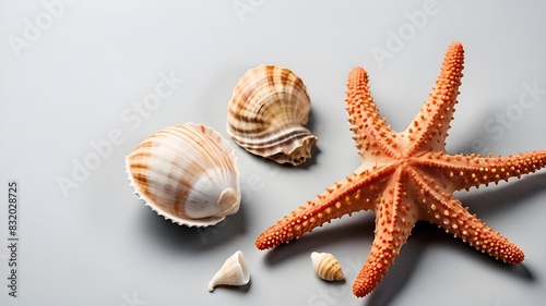 A high angle panoramic view of a starfish and a seashell isolated on white