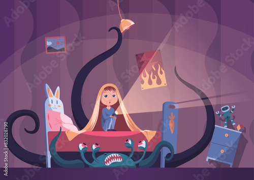 Childhood fears nightmares. Girl in dark room. Scared children sitting on bed and hiding from frightening ghost under blanket. Cartoon character isolated on white background. Vector illustration