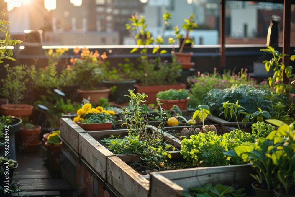 Serenity in the sky a rooftop garden oasis with potted plants and wooden deck under the sun Serenity in the sky a rooftop garden oasis with potted plants and wooden deck under the sun