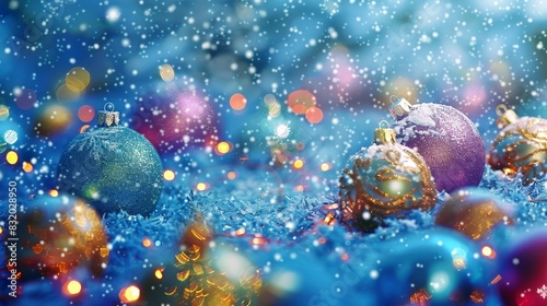 A festive scene adorned with sparkling snowflakes and colorful balls