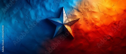 Texas star symbol with a vibrant background of blue, red, and orange. Represents state pride, patriotism, and American heritage. photo