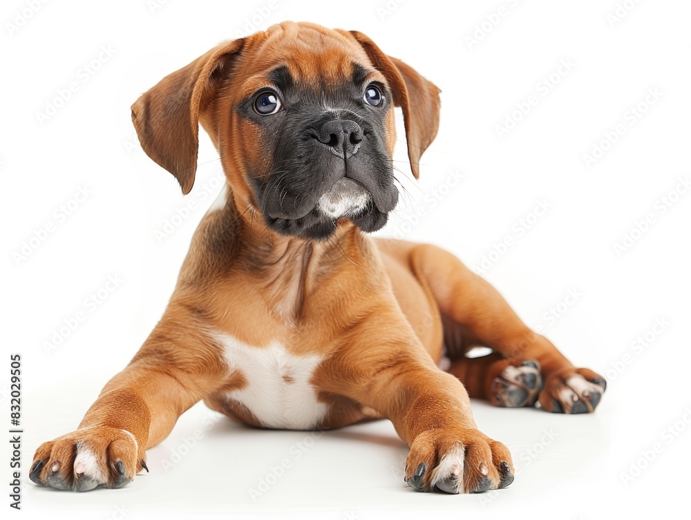 Adorable brown puppy lying down on a white background, showcasing its cute expression and playful demeanor.