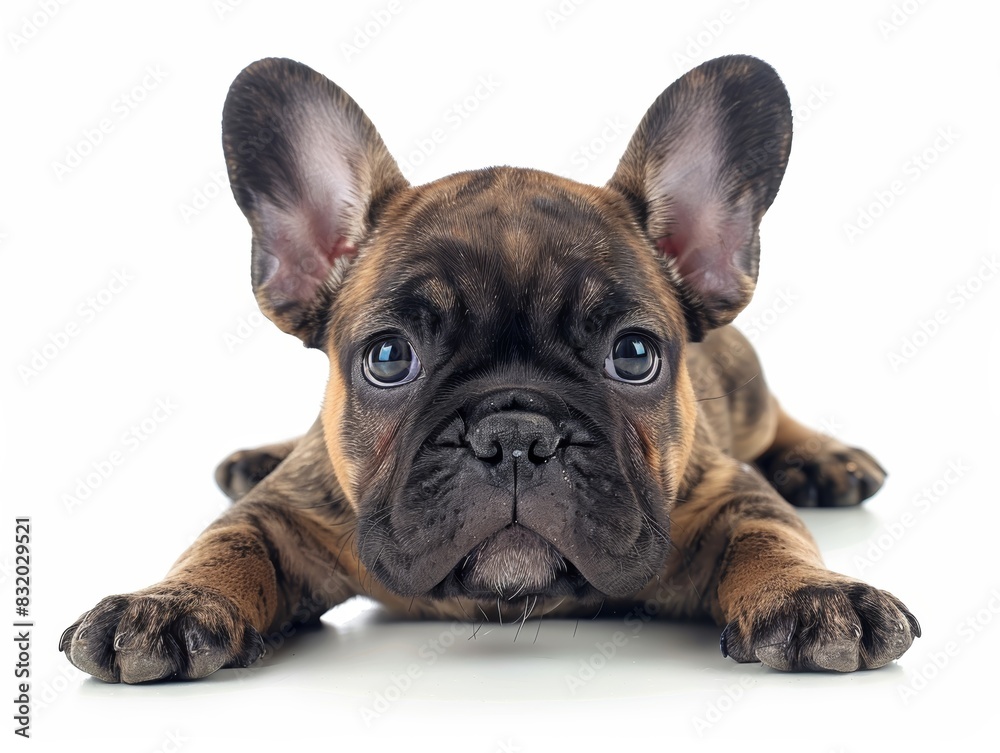 Adorable brown French Bulldog puppy lying down on a white background, with large ears and big eyes, looking directly at the camera.