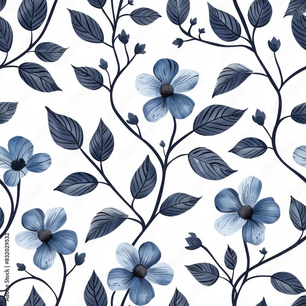 blue and white pattern with colorful flowers . ai generated