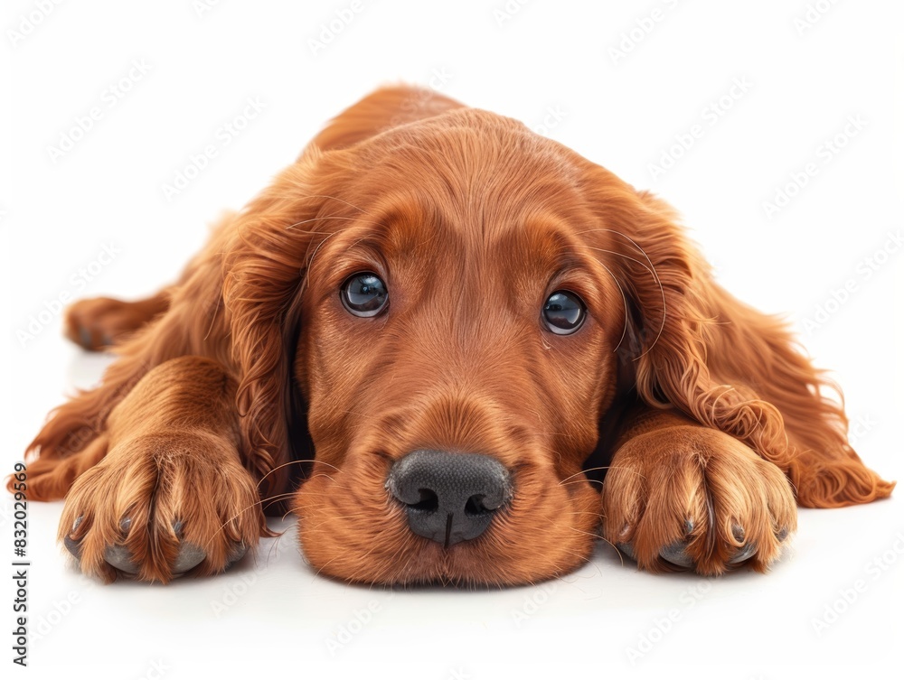 Adorable brown puppy with expressive eyes lies on a white background, capturing a moment of pure cuteness and innocence.