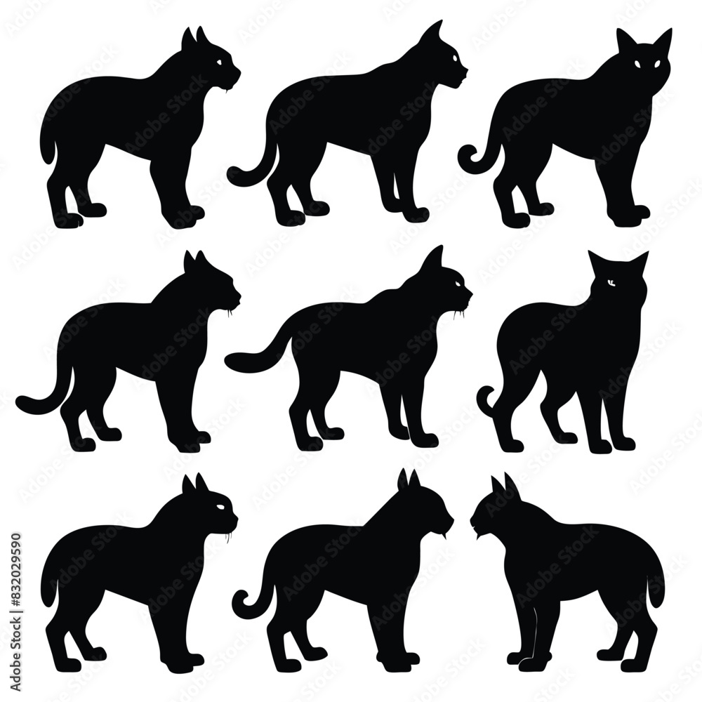 Set of Bobcat animal black silhouettes vector on white background