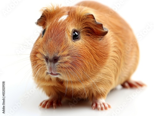 Adorable brown guinea pig with white patch sitting, isolated on white background. Perfect for pet-related content and animal enthusiasts. photo