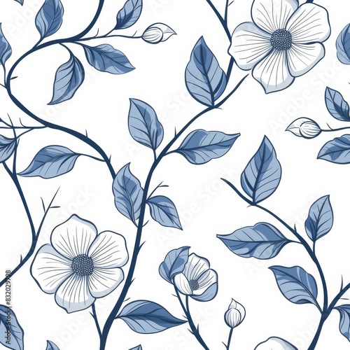 blue and white pattern with colorful flowers . ai generated