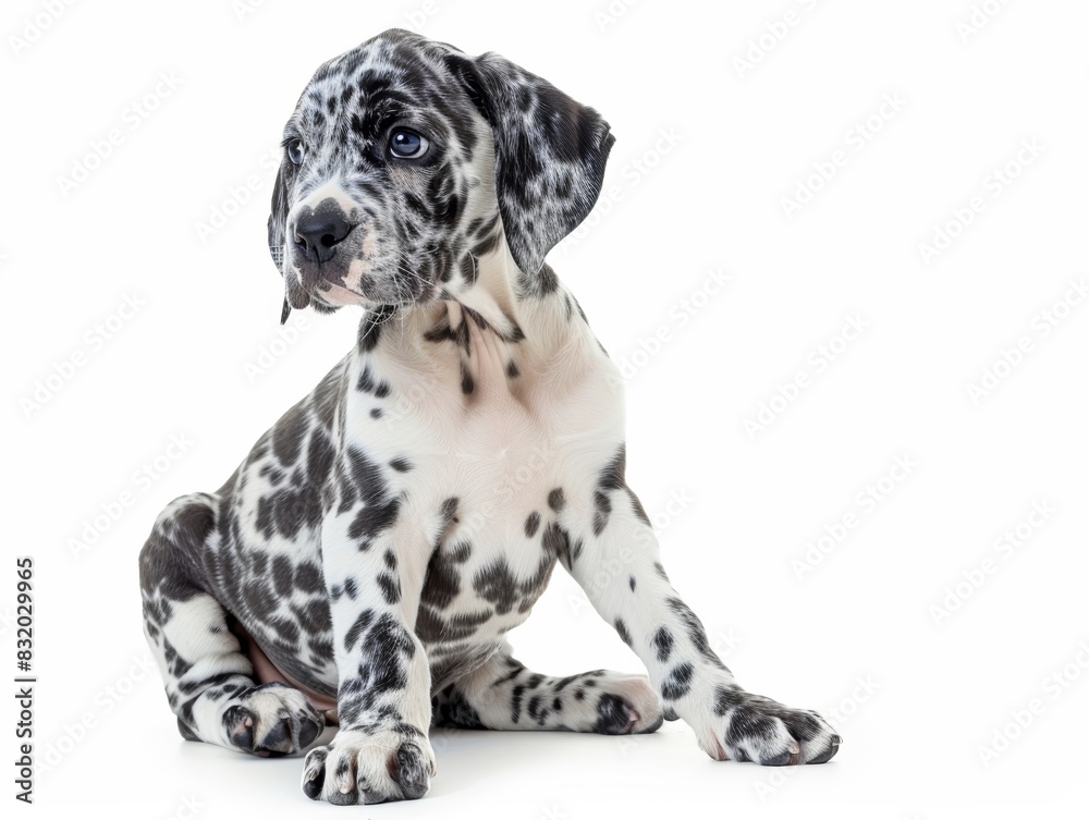 Adorable spotted Great Dane puppy sitting against a white background, looking curious and alert. Perfect for pet and animal themed projects.