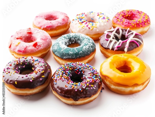 Assorted colorful donuts with various toppings arranged on white background. Perfect for bakery, dessert, or sweet treat concepts.