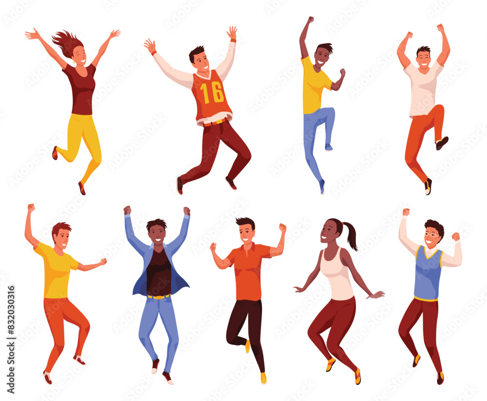 Happy jumping people set. Happy positive young men and women. Group of young joyful laughing people jumping with raised hands isolated on white background Happy jumping people set. Happy positive young men and women. Group of young joyful laughing people jumping with raised hands isolated on white background