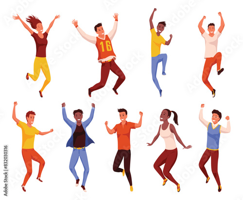 Happy jumping people set. Happy positive young men and women. Group of young joyful laughing people jumping with raised hands isolated on white background