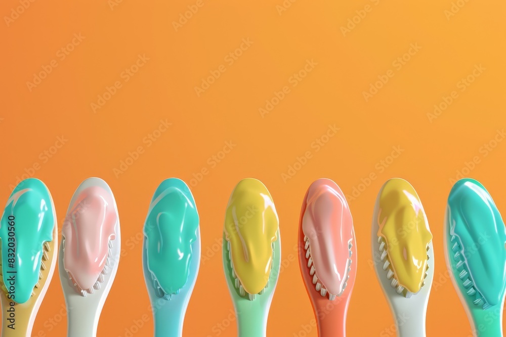 A row of toothbrushes with different colored toothpaste on them A row of toothbrushes with different colored toothpaste on them