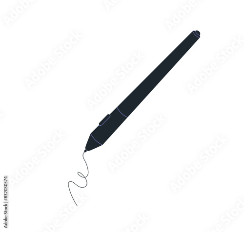 Stylus pen drawing. Black digital pencil tip creating line art. Designing, sketching with electronic stick. Professional creative process. Flat vector illustration isolated on white background