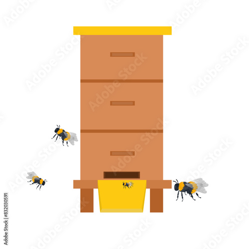 Apiary with bees. Beekeeping, vector illustration